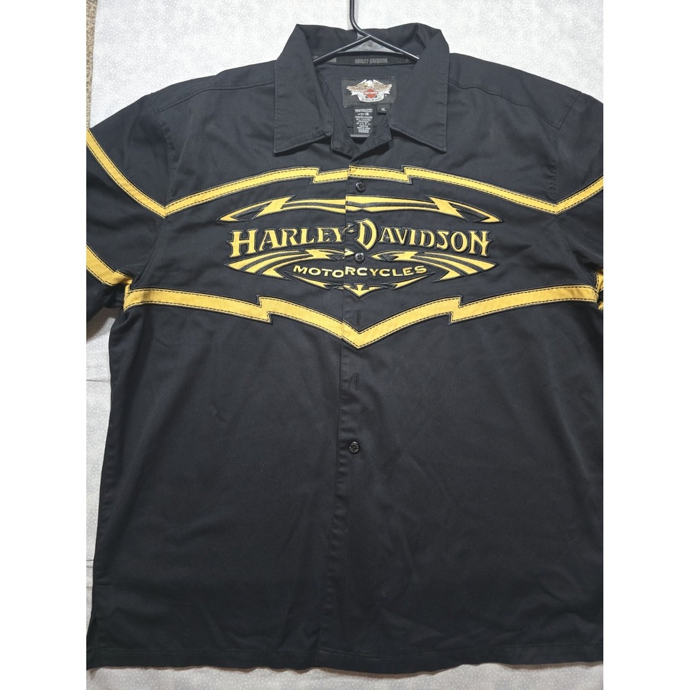 Harley Davidson Motorcycles Button Up Short Sleeve Mens XL Black & Gold Shirt